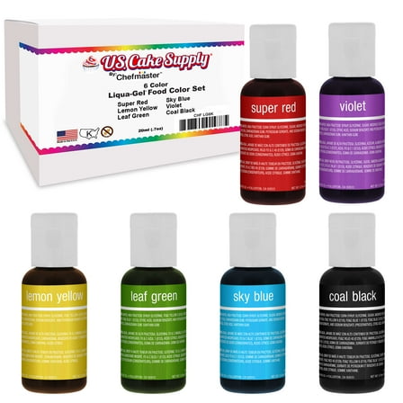 6 Color US Cake Supply by Chefmaster Liqua-Gel Paste Cake Color Set 0.7 fl. oz. (20ml) Bottles