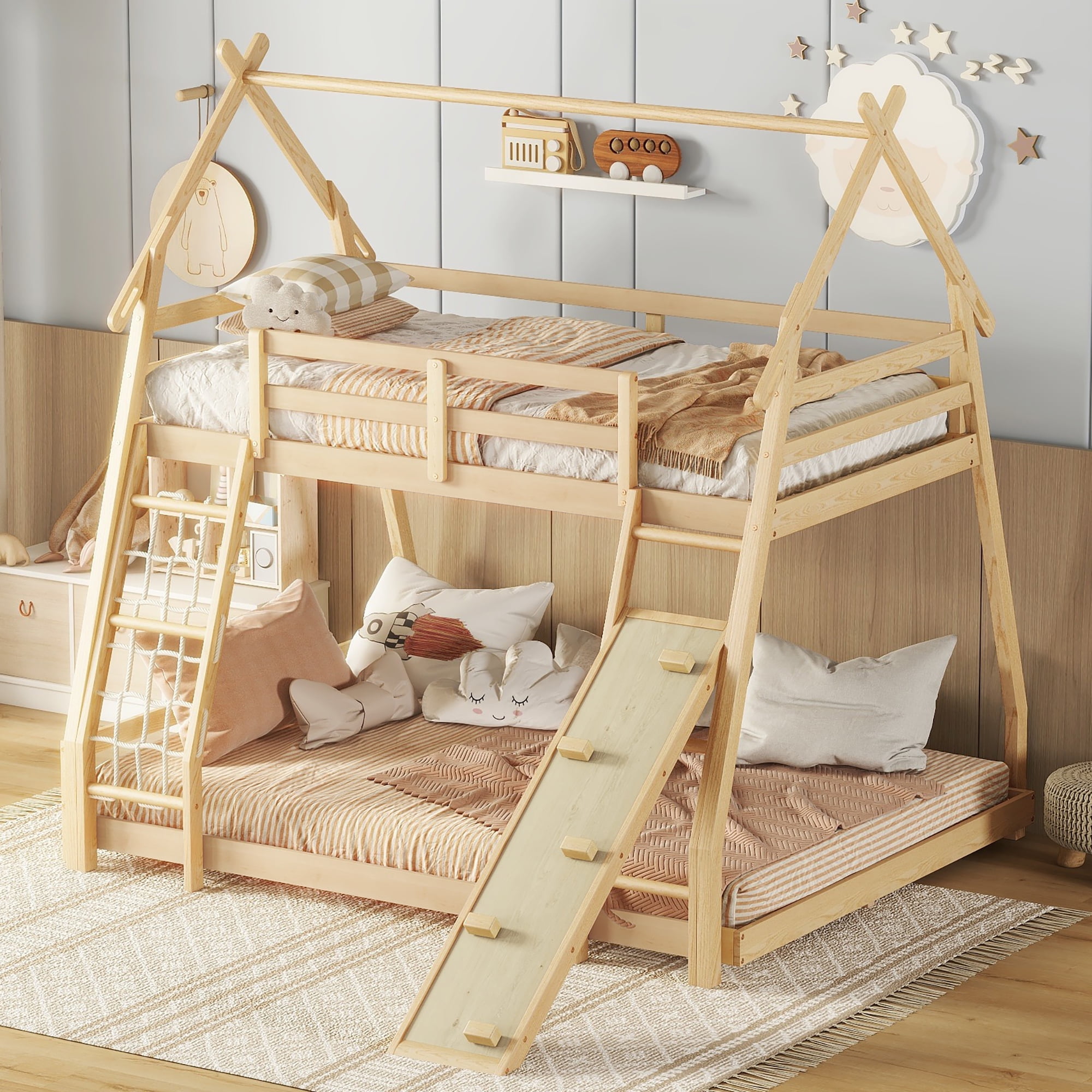 Euroco Twin over Queen Bunk Bed with Climbing Nets and Ramp for Kids Bedroom, Natural
