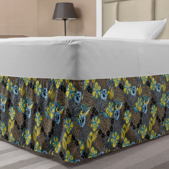 Abstract Bed Skirt, Charcoal Grey Background Image with Floral Flowers and Circled Detailed Artwork, Elastic Bedskirt Dust Ruffle Wrap Around for Bedding Decor, 4 Sizes, Multicolor, by Ambesonne