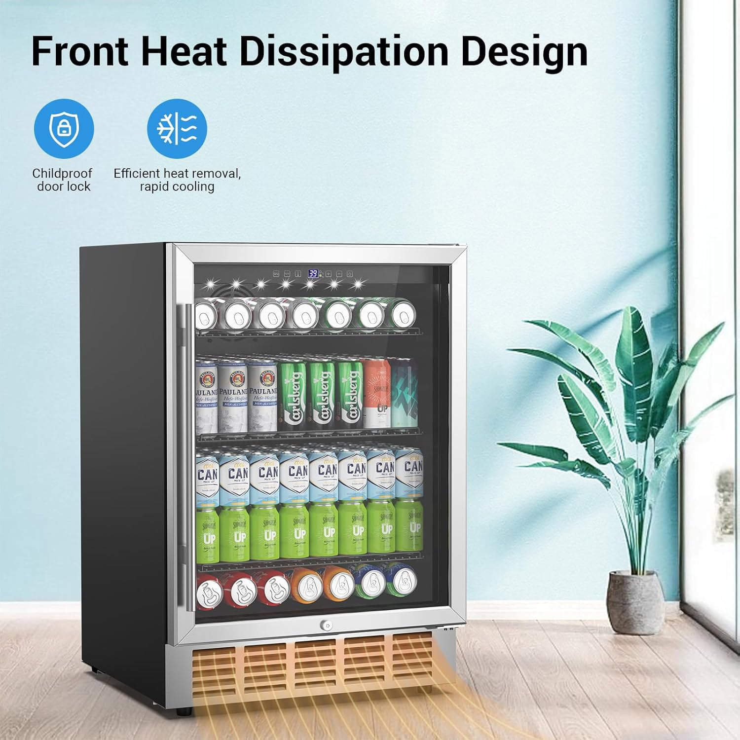 Joreek 24 Inch Beverage Refrigerator & Cooler Under Counter with Safty Lock Outdoor Patio Fridge for Drinks, Soda, Beer, Wine, 37～65°F Adjustable Temperature & Memory
