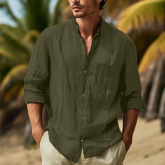 TrendOFT Cuban Guayabera Shirts for Men Button Down Shirts Casual Long Sleeve Summer Beach T-Shirt Army Green L