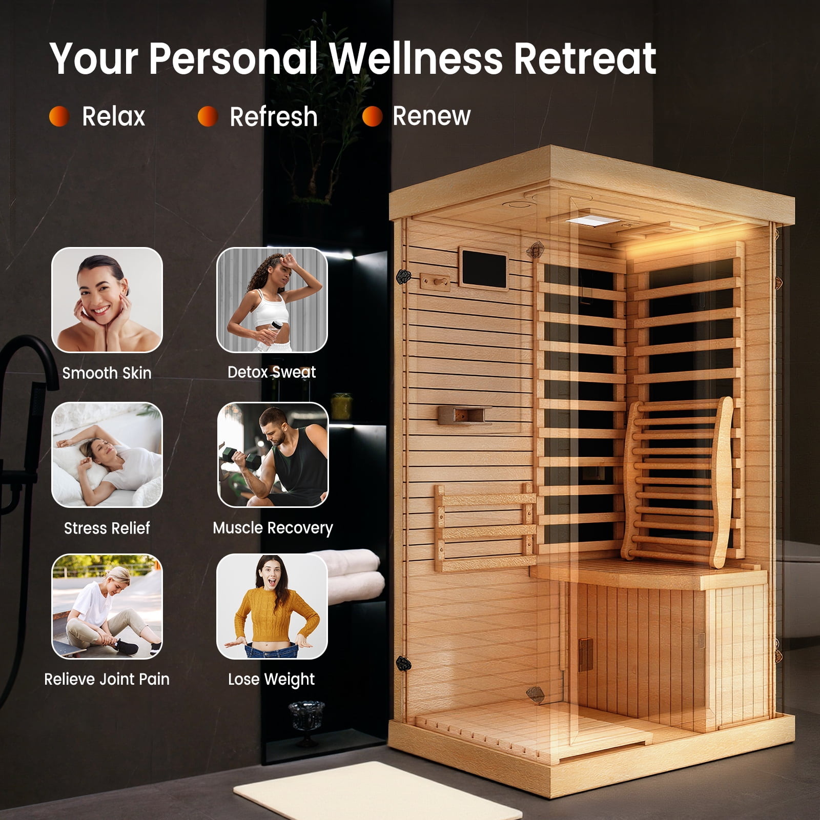 Syedee Far Infrared Sauna Home Sauna Spa Room Canadian Hemlock Wood 1000W Indoor Saunas Low EMF 110V with Control Panel and Tempered Glass Door