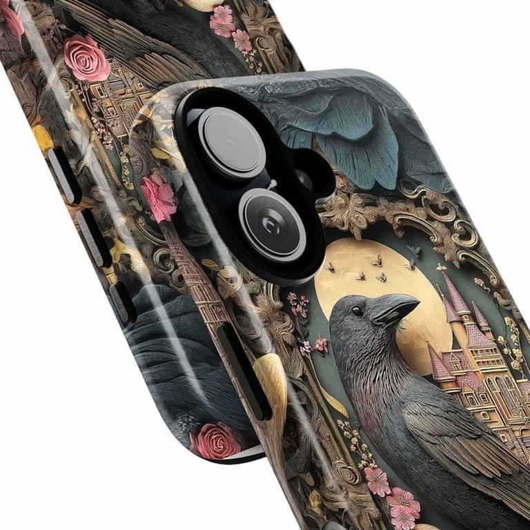 Fantasy Raven Phone Case, Dark Academia Gothic Crow with Moon and
