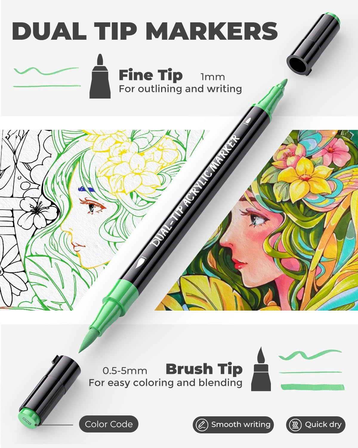 JusArt 72 Colors Acrylic Paint Markers Set with Canvas Bag, Dual Tips with Brush Tip & Fine Tip, No-Bleed, Waterproof, Non-Toxic & Odorless Adult Paint Pens for Rock, Egg, Wood, fabric, Glass, DIY