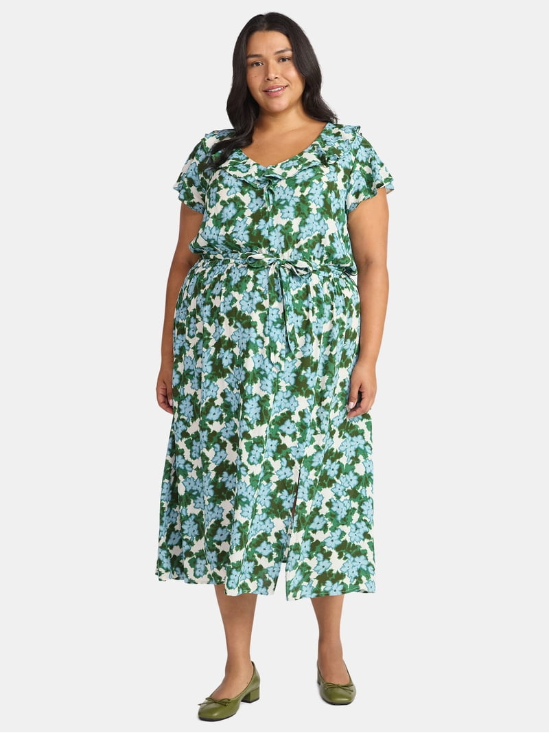 ruffle midi dress plus size Plus Kourtney Scuba Crepe Off the Shoulder Ruffle Midi Dress
