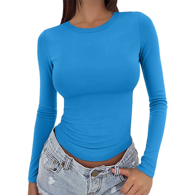 ManxiVoo Chandail pour Femme à Manches Longues, Col Rond, Coupe Ajustée, Vêtement de Base pour l'Extérieur, Haut de Sport, Confort Extensible, Ajustement Flexible, Taille M, Bleu