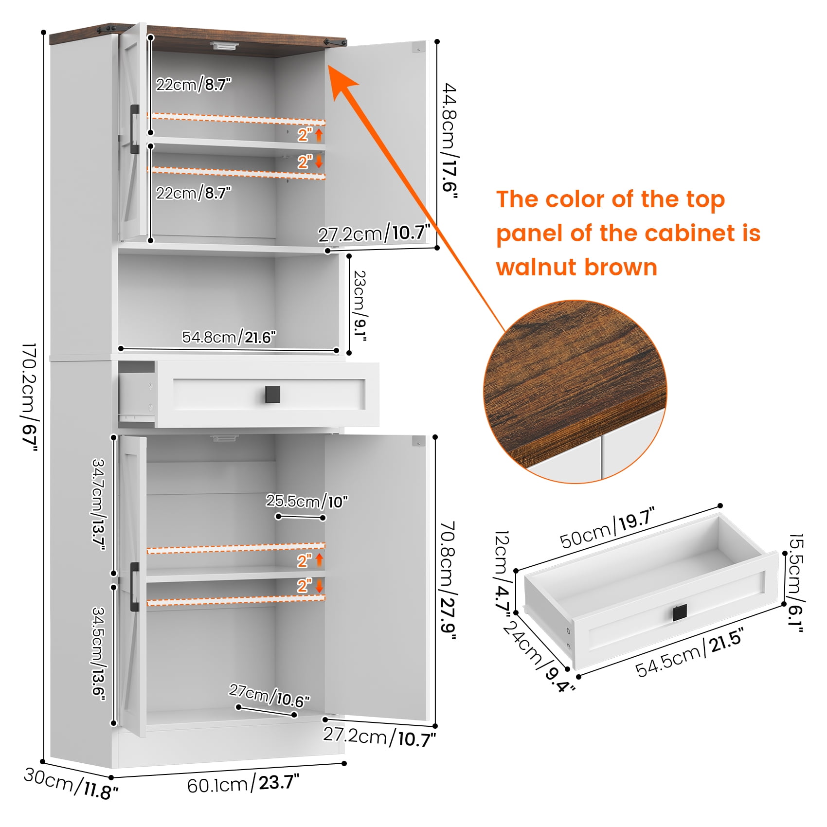 Timagebreze 67" Kitchen Pantry Storage Cabinet with Barn Doors & Drawer, Adjustable Shelves for Kitchen, Pantry or Dining Room