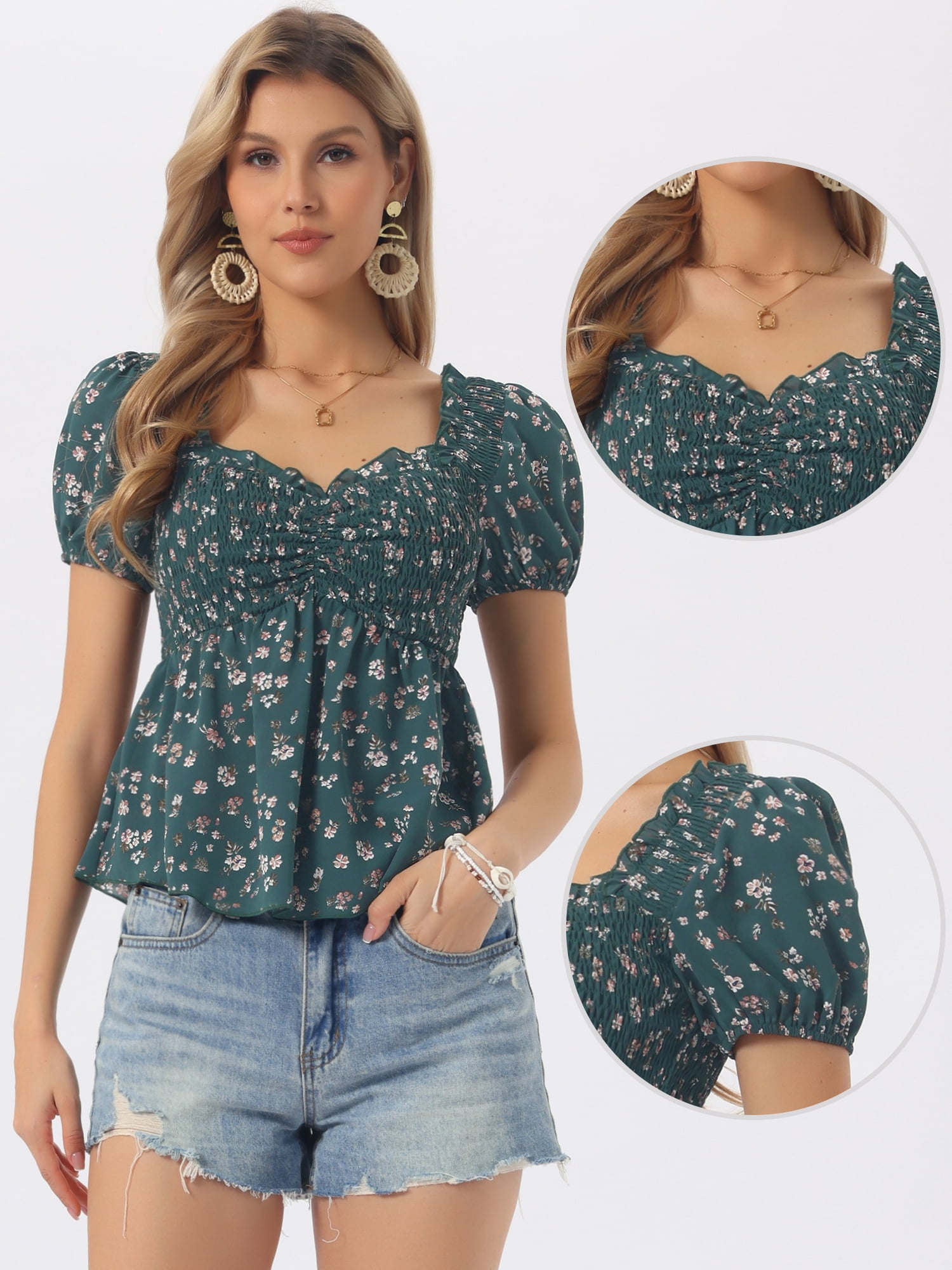 DARING DIVA Women's Puff Sleeve Floral Sweetheart Neck Ruffle Peplum Top M Dark Green