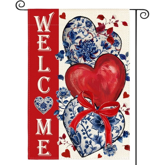Double-Sided Blue & White Chinoiserie Garden Flag 12x18 Inch: Valentine’s Love Hearts Outdoor Decor