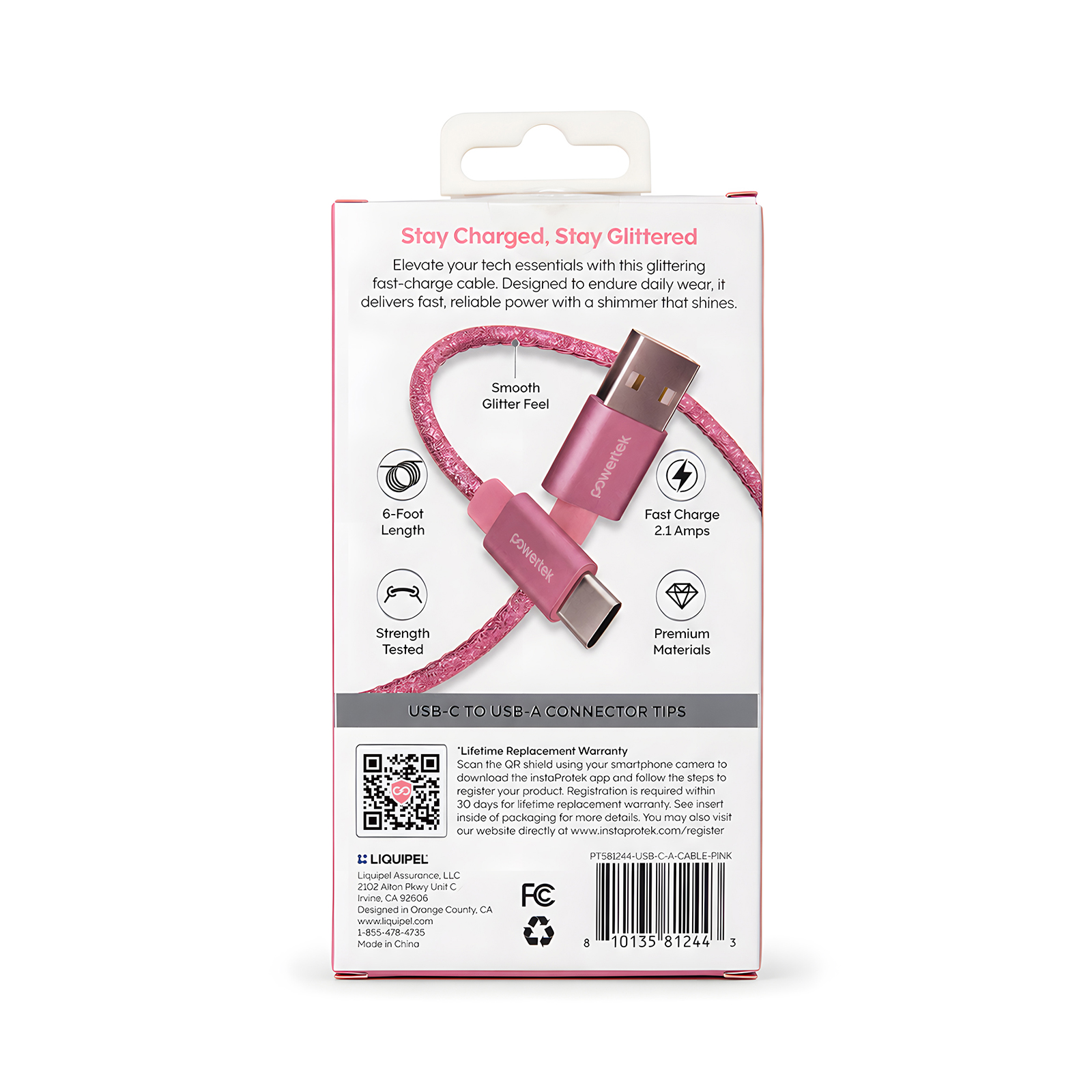 Liquipel Powertek USB-A to USB-C Cable, 6 Feet, Pink Glitter photo 6