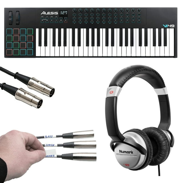 Advanced 49-Key USB MIDI Keyboard & Drum Pad Controller (16 Pads / 12 Knobs / 36 Buttons) + Label Kit + MIDI Cable + Headphones - Top Value Kit!