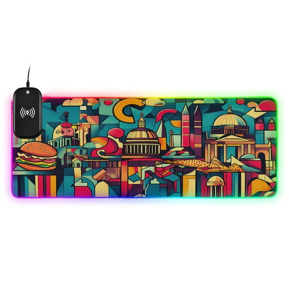 Wireless Charging Mouse Pad Large RGB Gaming Desk Mat 13 Light Modes Mousepad 31.5x11.8 Abstract Skyline