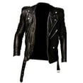 thumbnail image 2 of Noora Mens Real Lambskin Black Leather Biker Jacket,  Motorcycle Leather Jacket with Belted, 2 of 8