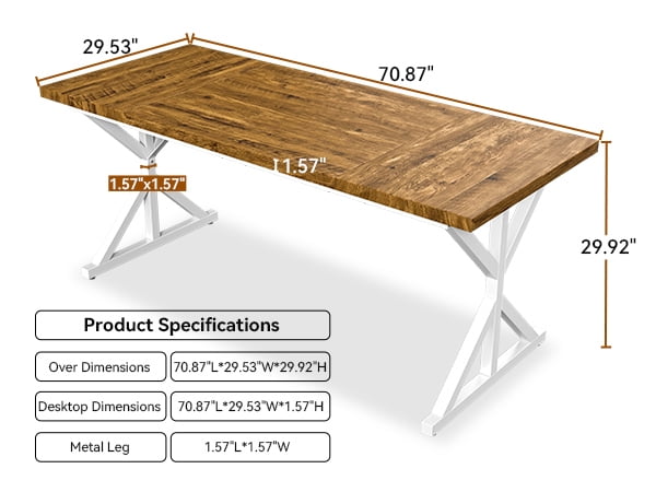 Farmhouse Style Dining Table for 6, 70.8 Inch Rectangular Wooden Dining Table, Rustic Kitchen Dining Table, Extra Heavy Duty Metal Legs for Dining Room