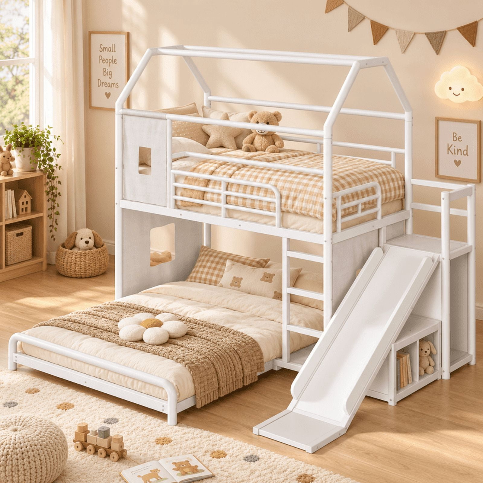 Twin over Full Metal Bunk Bed with Slide, Ladder, LED Light Strip, Privacy Curtain, Movable Storage Cabinet & Hanging Rod, House Shaped Kids Bunk Bed