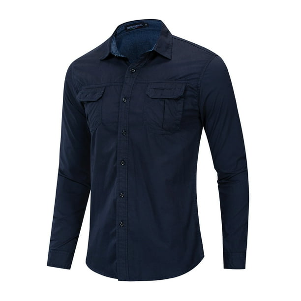 TIHLMK Mens Long Sleeve T Shirts Men s Long sleeved Cotton Denim Shirt Nostalgic Military Shirt