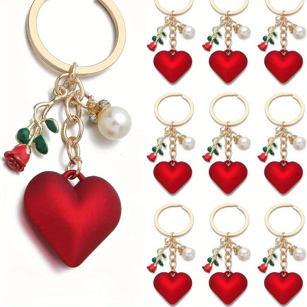 20 Pcs Red Heart and Rose Keychains Alloy Charm Key Rings Decorative Bag Accessories Romantic Gift Set for Couples Friends Event Favors Easter Gift Exchange