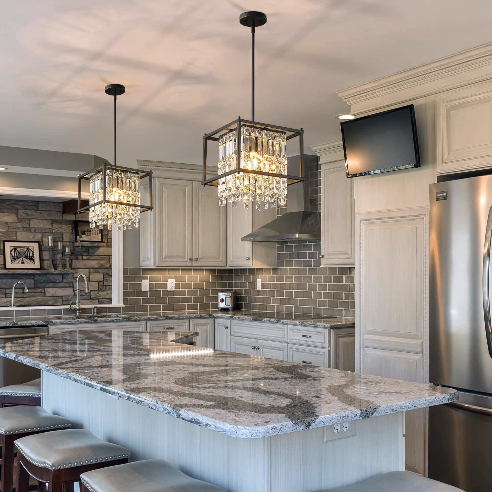 Crystal Pendant Light Modern Square Adjustable Height Chandelier Black Pendant Light Fixture for Foyer Entryway Kitchen Island Living Room
