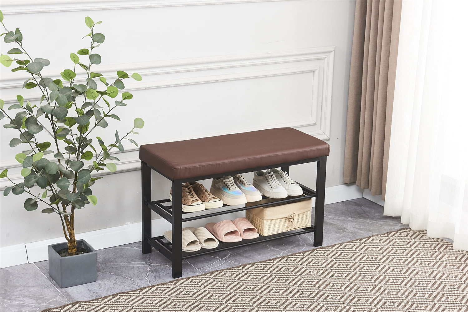 Private Jungle 3-Tier Shoe Rack Bench for Entryway, Storage Organizer with Foam Padded Seat, Faux Leather, Metal Frame, 31.5 x 11.8 x 19.7 Inches, Brown Private Jungle 3-Tier Shoe Rack Bench for Entryway, Storage Organizer with Foam Padded Seat, Faux Leather, Metal Frame, 31.5 x 11.8 x 19.7 Inches, Brown