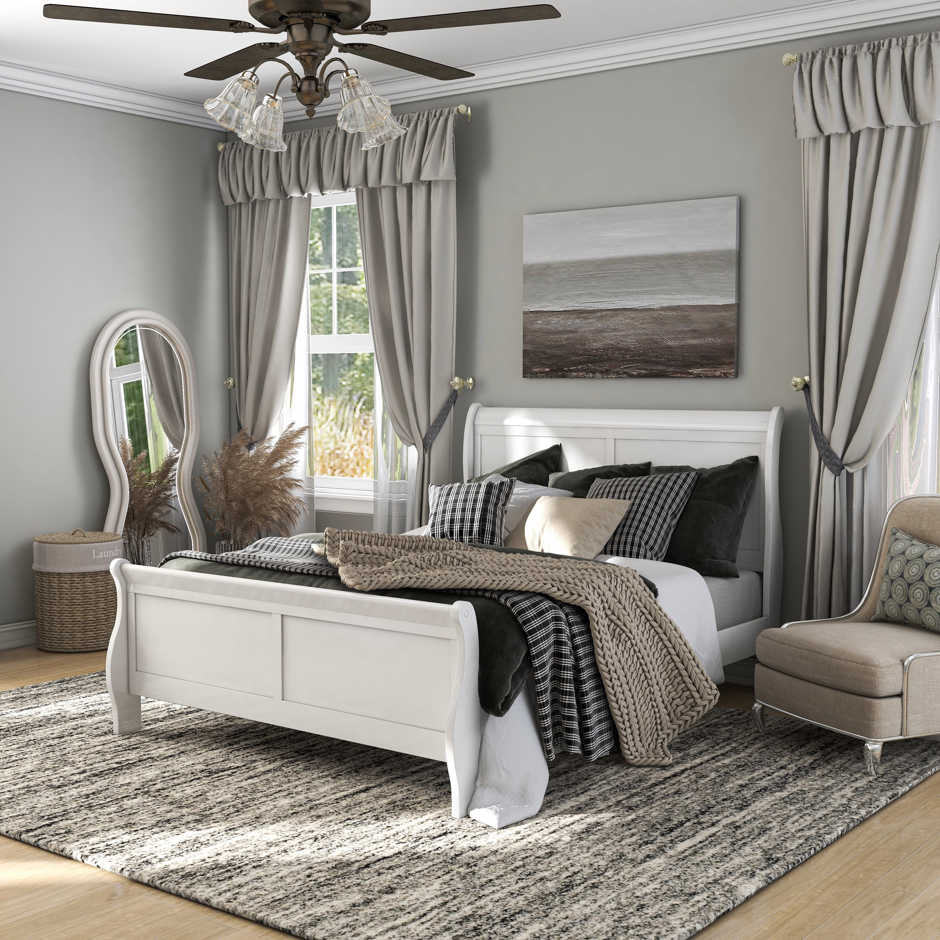 Furniture of America Vrai Adult Queen Sleigh Headboard Wood Bed, White