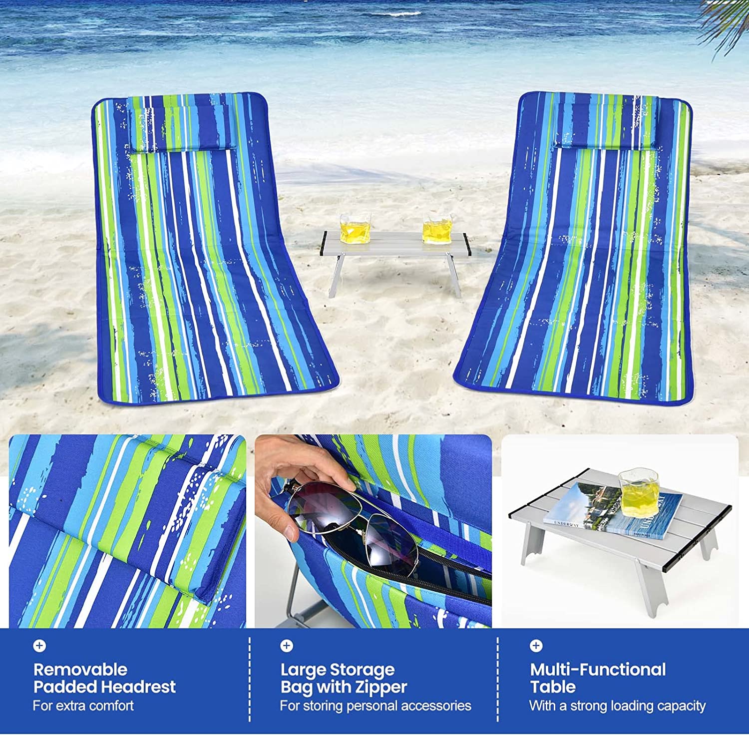 Beach Chairs for Adults with Side Table, Folding Lounge Chairs, 5 Position Adjustable Lawn Chair for Sunbathing, Camping, 2-Pack Set - image 4 of 9