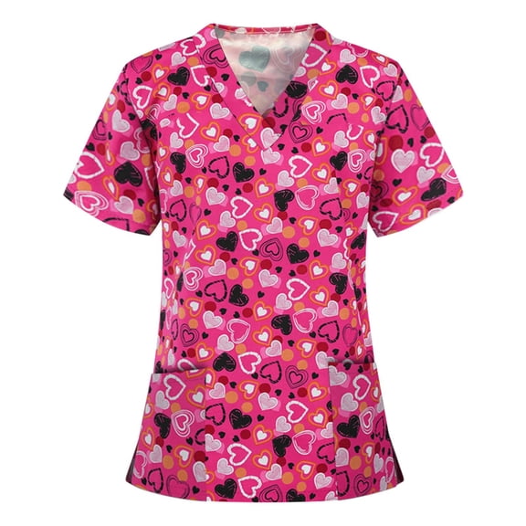 Pitauce Scrub Tops for Women V Neck Heart Print Nursing Workwear Valentine's Day Stretch Healthcare Working Uniform T Shirt with Pockets on Clearance
