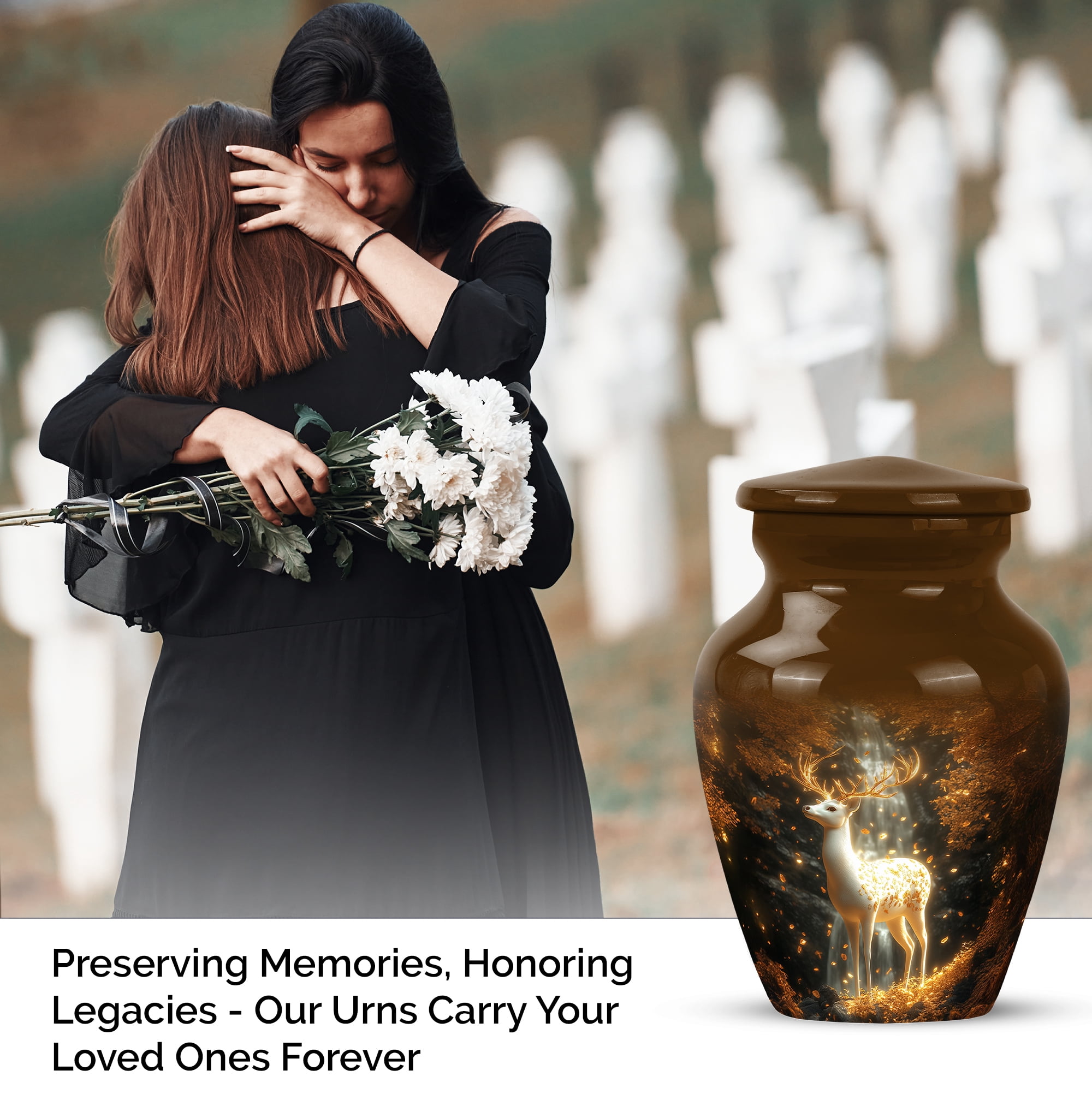 Deer Funeral Cremation Urns For Mom And Dad - Golden Mini Urns For Human Ashes Set Of 4 - Brown Keepsake Cremation Urn For Adult Men - 1 Large Burial Urn For Cremated Remains, Combo (10&3) Inch