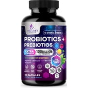 Probiotics 100 Billion CFU - 10 Premium Strains + Prebiotics - Best Daily Probiotic Supplement for Women & Men - For Immune Support, Digestive Health, Occasional Constipation & Gas - 60 Capsules