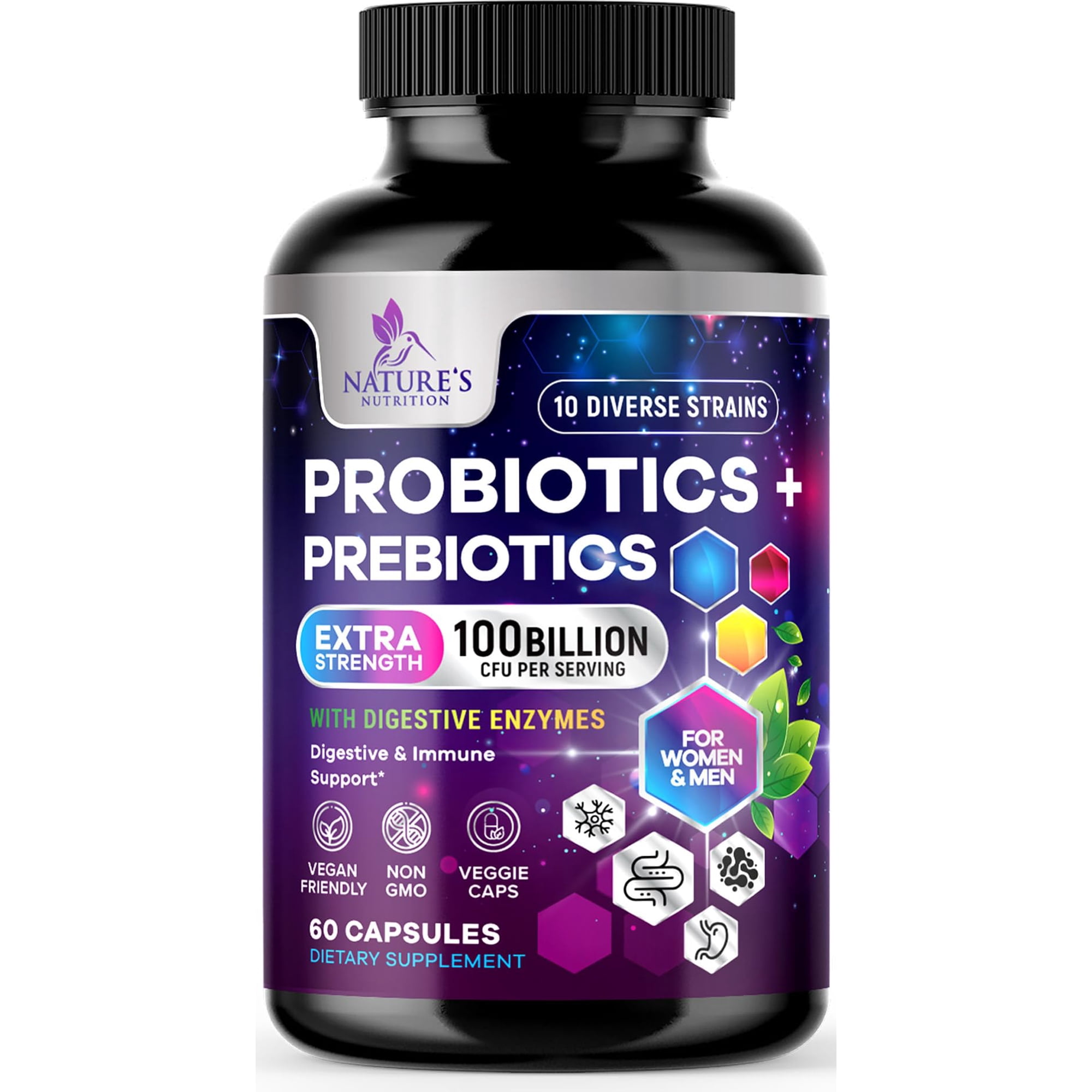 Probiotics 100 Billion CFU - 10 Premium Strains + Prebiotics - Best Daily Probiotic Supplement for Women & Men - For Immune Support, Digestive Health, Occasional Constipation & Gas - 60 Capsules