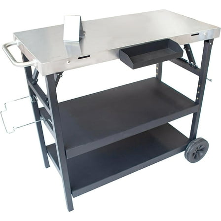 Thunderbay Foldable Grill Cart 3-Tier Utility Carts Movable Food Prep Pizza Oven Table Outdoor Stainless Steel Tool Storage Organizer