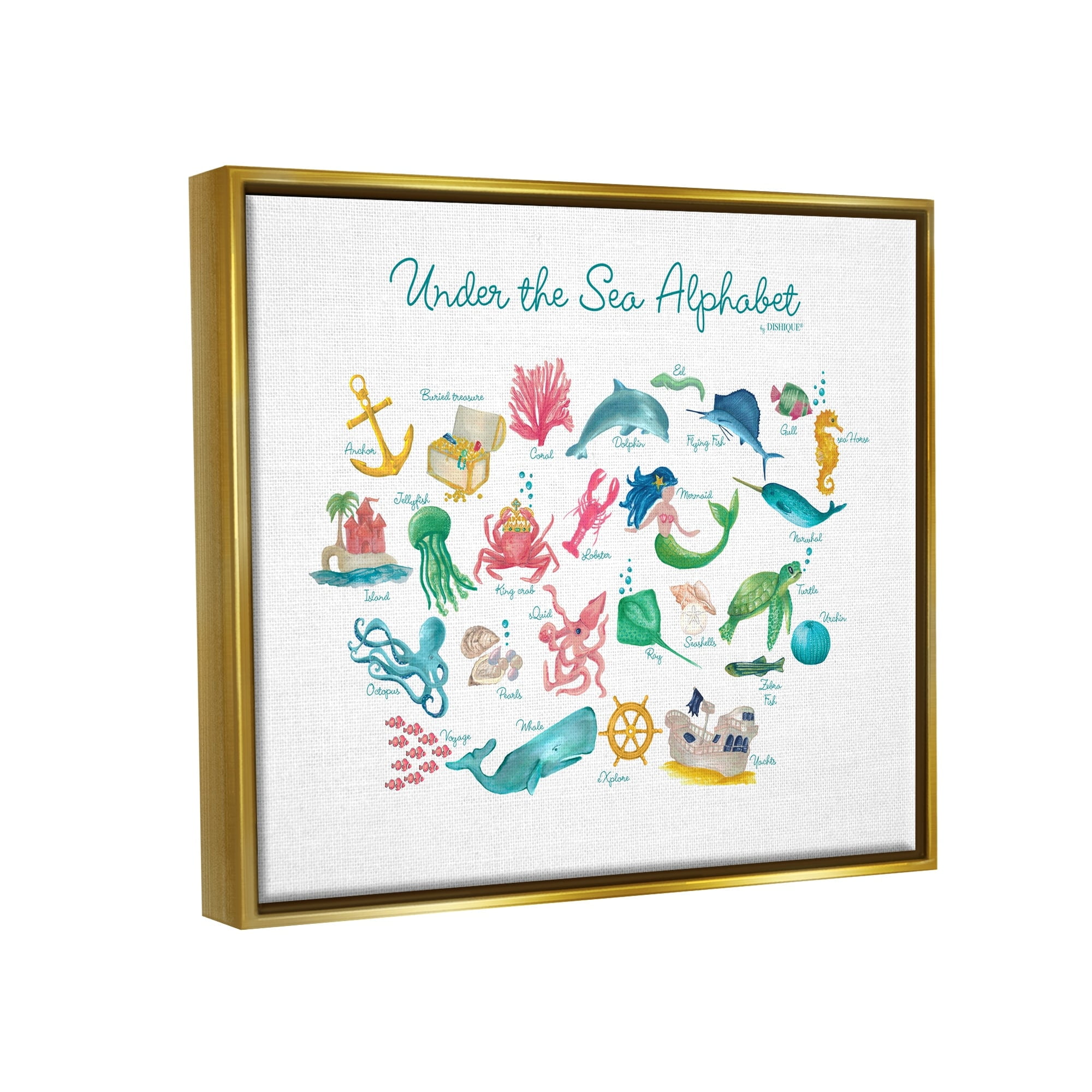 Stupell Industries Under the Sea Educational Alphabet Sea Life Learning Graphic Art Metallic Gold Floating Framed Canvas Print Wall Art, Design by Dishique