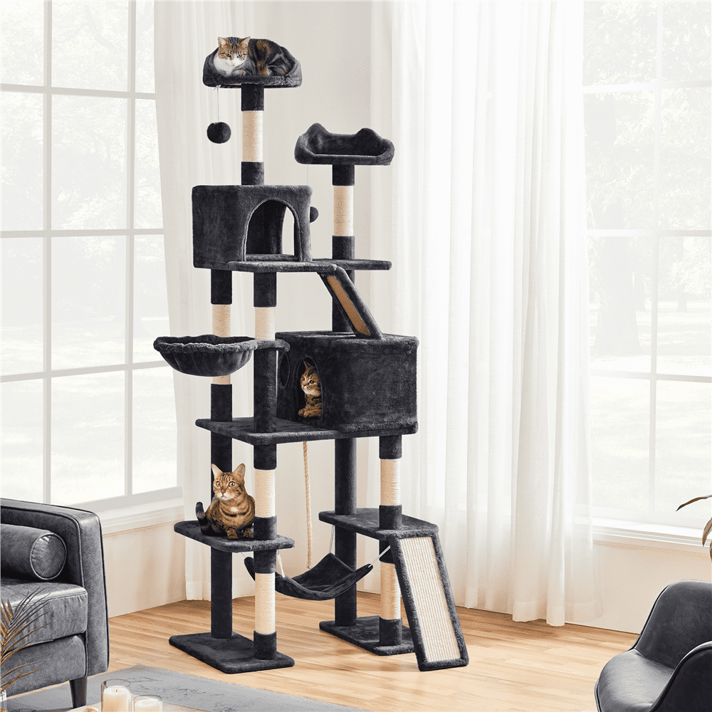 Alden Design 82.5" H Multi Level Cat Tree with 2 Cozy Condos and Basket, Black