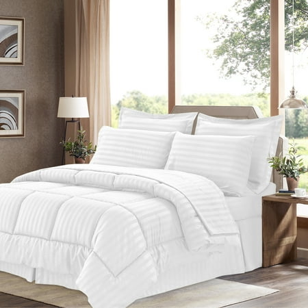 Dobby Stripe Bed In A Bag 8 Piece Comforter Sheet Bed Skirt Sham Set, King, White