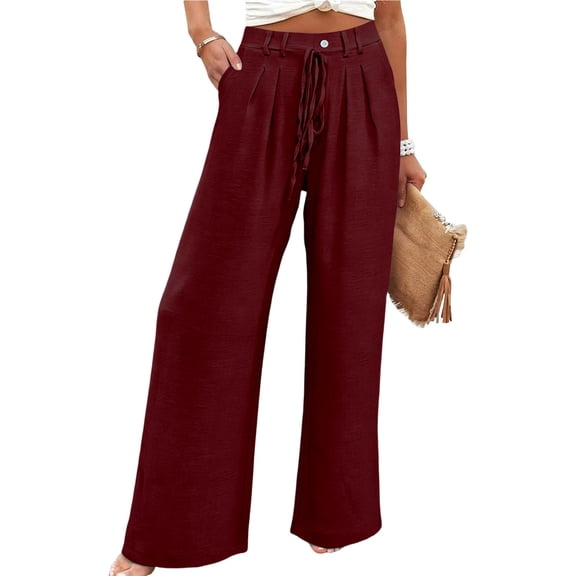 Yuanlook Women's Wide Leg Pants, Crinkle Fabric with Single-Button & Drawstring Waist, S-XXL