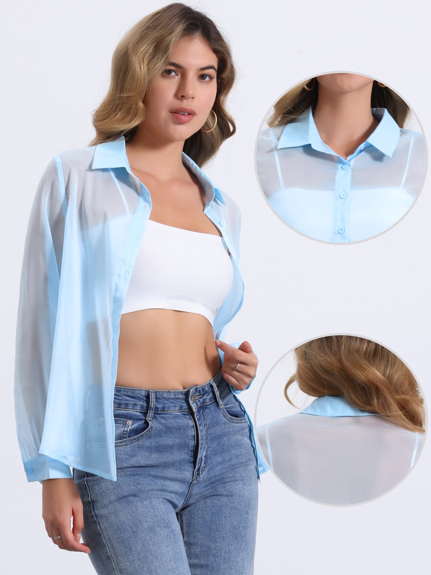 DARING DIVA Women's Mesh Sheer Tops Point Collar Button Down Shirt S Light Blue