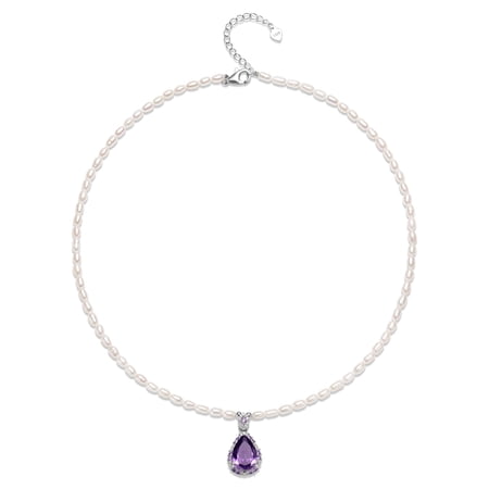 BAMIKI 3-4mm White Cultured Pearl Necklace with Purple Zircon Pendant, 925 Sterling Silver Adjustable Chain Valentine's Day Jewelry Gift for Women