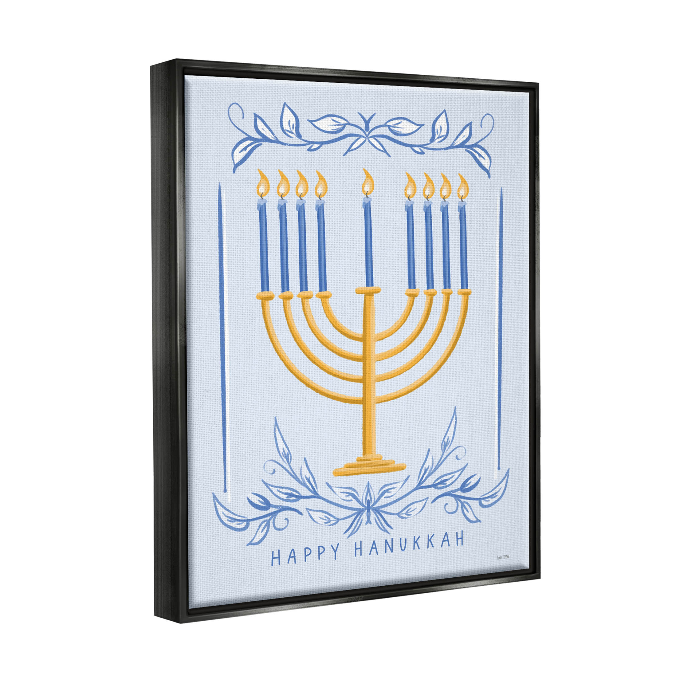 Happy Hanukkah Botanical Menorah Holiday Graphic Art Jet Black Framed Art Print Wall Art