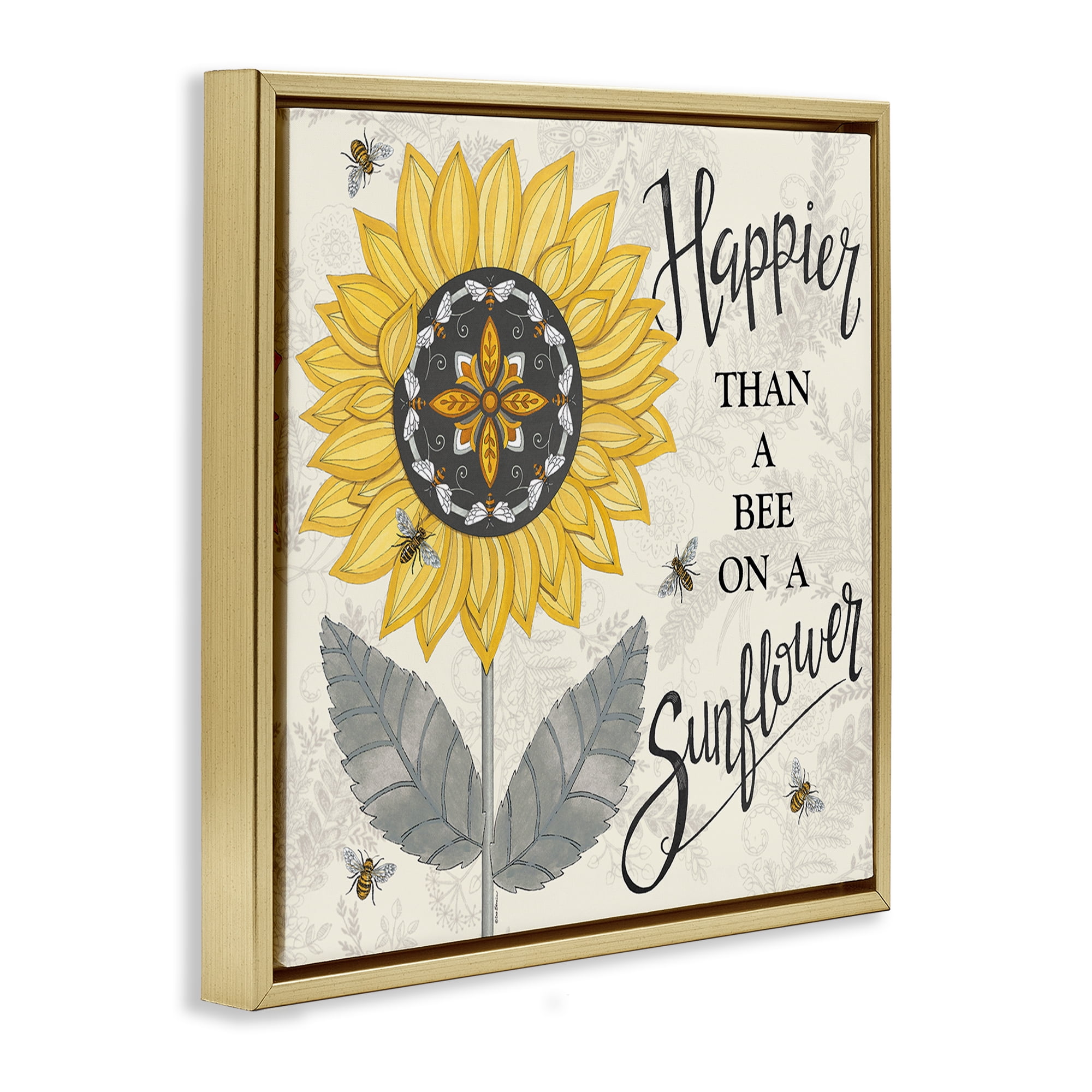 Stupell Industries Happier Than Bee & Sunflower Plants & Flowers Painting Gold Floater Framed Canvas Art Print Wall Art, 18 x 18