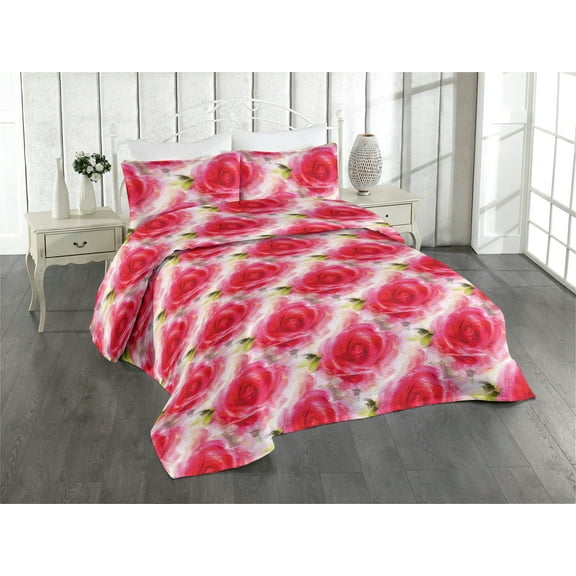Ambesonne Rose Pattern Quilted Bedspread Set 3 Pcs, Abstract Floral Design, King, Dark Coral Pale Pink