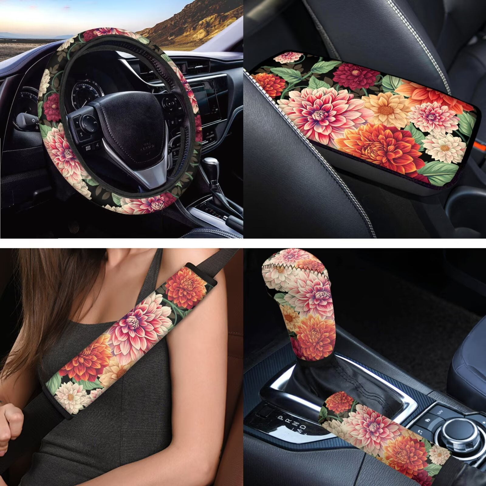 Uorisanigo Boho Flower Print 18pcs Car Seat Covers Full Set with Shoulder Strap Protector Center Console Cover Steering Cover Headrest Shift Knob Handbrake Covers Cup Holder Coasters Keychain