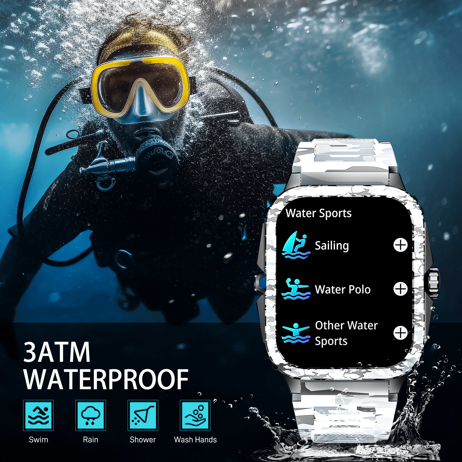 EIGIIS KT71 Smart Watch for Men, 1.96'' Big Screen 3ATM Waterproof Rugged Outdoor Smartwatch with Sports Swimming Watch for Android iOS, 1pc