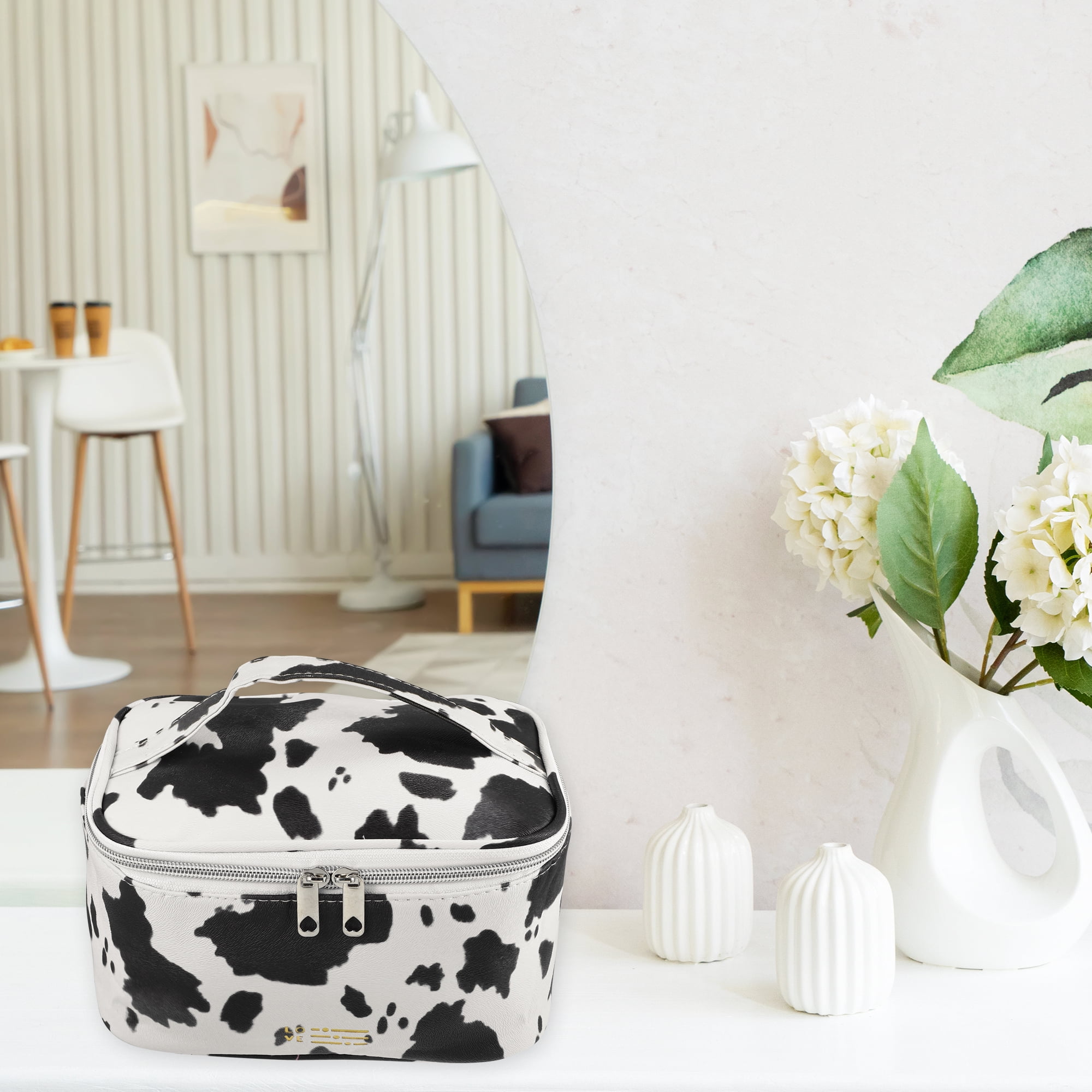 Unique Bargains Make Up Bag Cosmetic Travel Bag Organizer Bag Faux Leather Black White