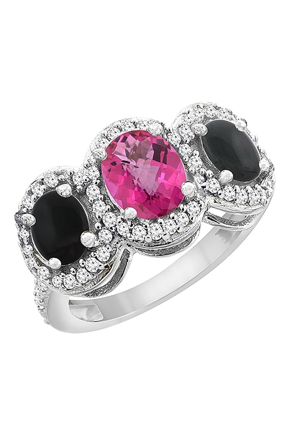 14K White Gold Natural Pink Sapphire & Black Onyx 3-Stone Ring Oval Diamond Accent, size 9.5