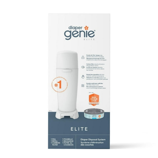 Diaper Genie Elite Diaper Pail, White, Foot Pedal, Air-Tite® Clamps, Carbon Filter