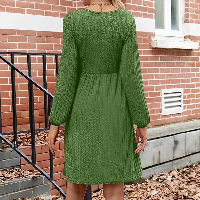 WTOBBY Women's Fashion Round Neck Casual Slim Solid Waist Long Sleeve  Dresses - Elegant and Fitted Dress with Waist Accent, Perfect for Slimming  ...