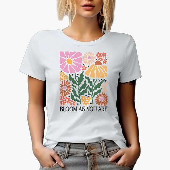 Bloom As You Are, Botanical Boho Flowers Art Merch Gift, White T-Shirt, Small