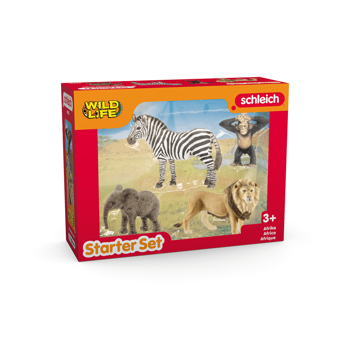 Schleich Wild Life Africa Starter Set - 4PC Wildlife Animal Set - With Zebra, Elephant Calf, Lion, Chimpanzee Figures - Kids 3+