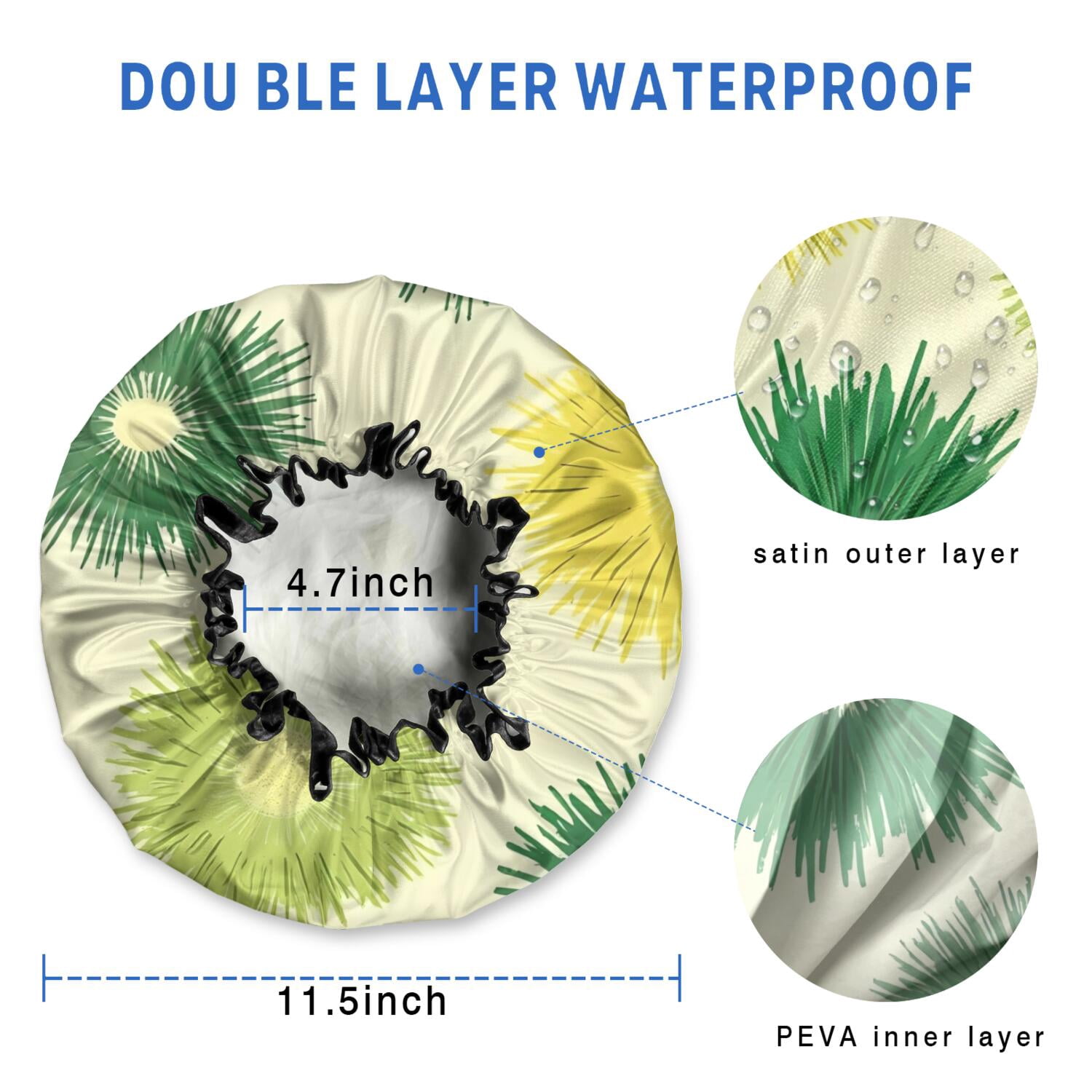 Shower Caps,Green Yellow Dandelion Pattern Waterproof Shower Cap for Women 4 Pieces,Double Reusable Hair Cover for Shower PEVA Elastic Stretch Hem