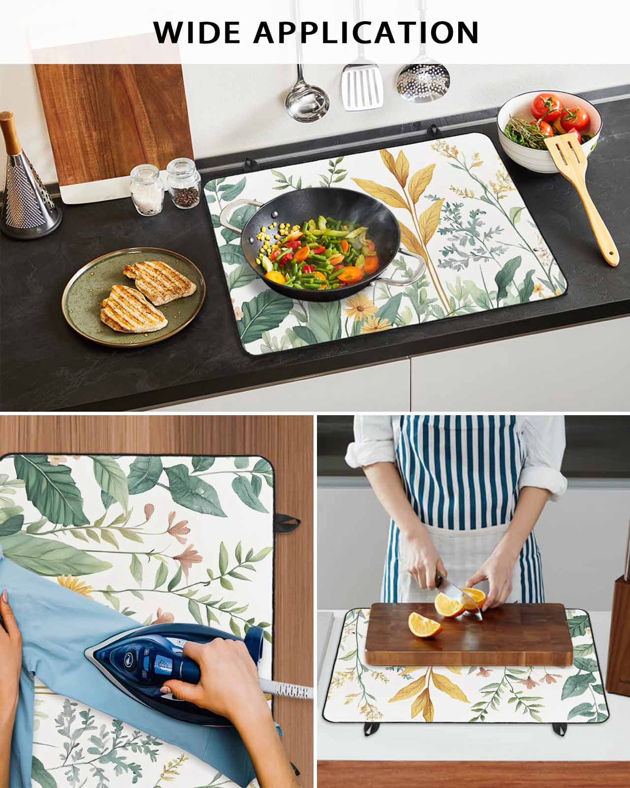 nqOlkjepod Large Induction Cooktop Protector Mat 28.5"x20.5", Yellow Green Botanical Stove Top Covers for Electric Stove, Rustic Watercolor Leaves Stove Burner Cover Mats, Glass Top Stove Cover