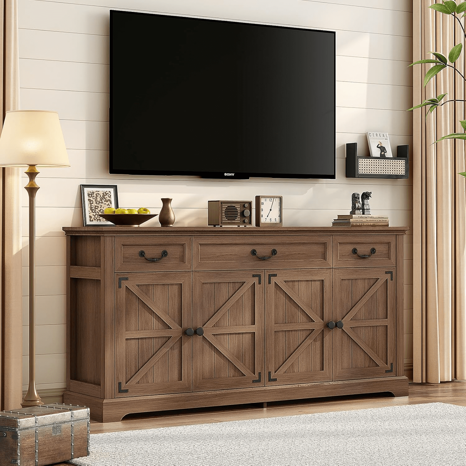Farmhouse Sideboard Buffet Cabinet with Storage, 64.6'' Large Kitchen Storage Cabinet with Barn Doors Drawers, Wood Coffee Bar Table for Dining Room Living Room,  Brown